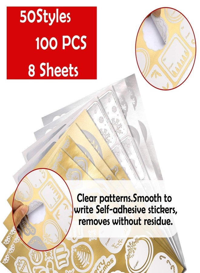 Whaline Christmas Gold Silver Foil Gift Tags Xmas Self Adhesive Name Tag Stickers Foil Assorted Pattern Presents Labels for Gift Boxes Wrapping Paper Xmas Party Holiday Decor, 100Pcs 8 Sheets - Image 3